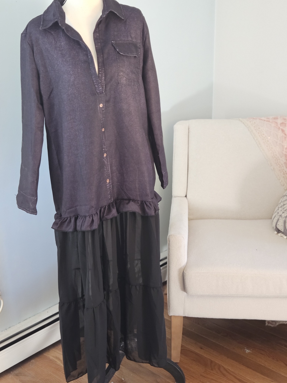 Womens' Dark Indigo Jean Top Ruffle-Hem With Chiffon Bottom #Goth#169